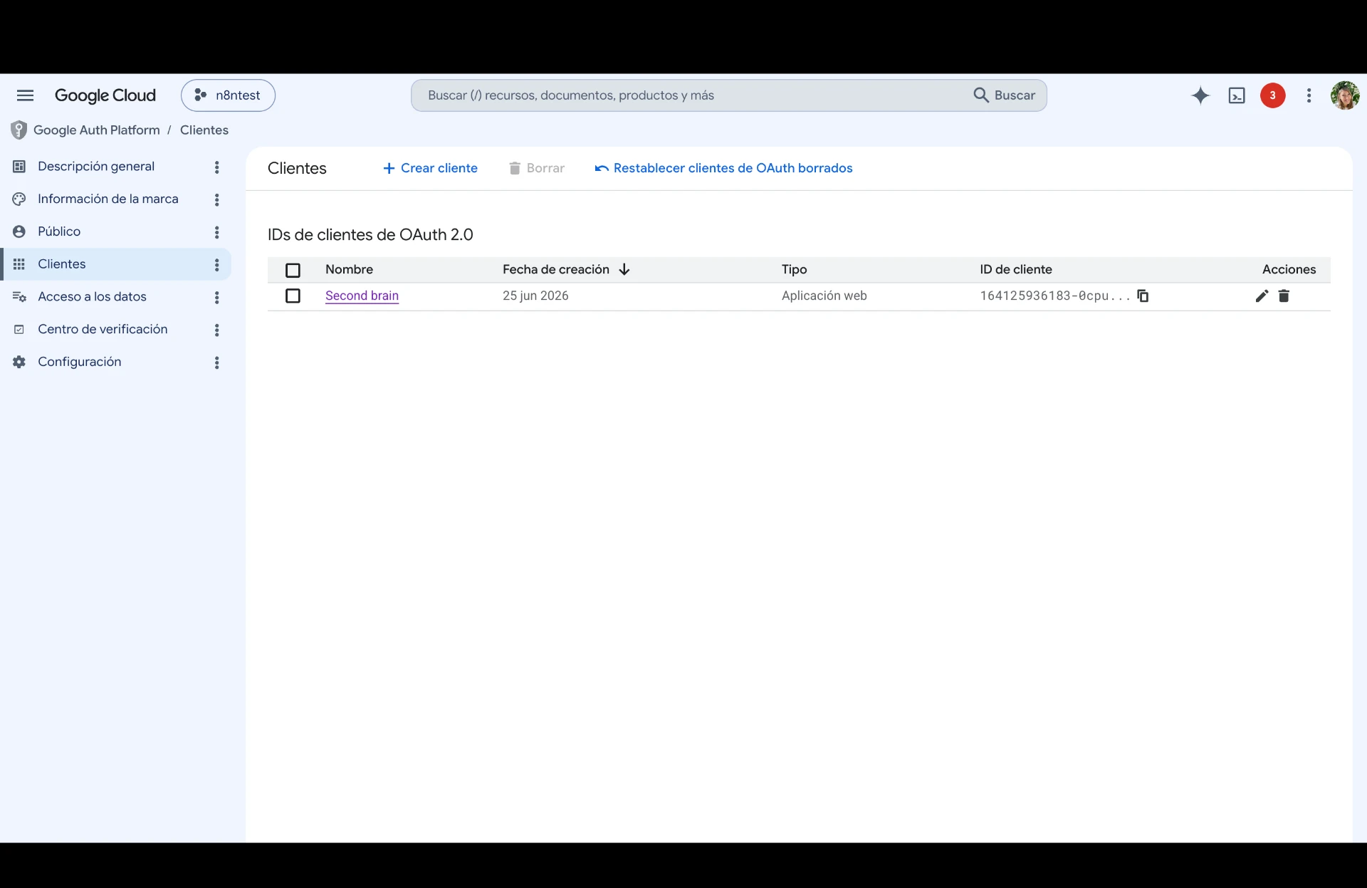 Configuración de la conexión OAuth en Google Cloud para Second Brain.