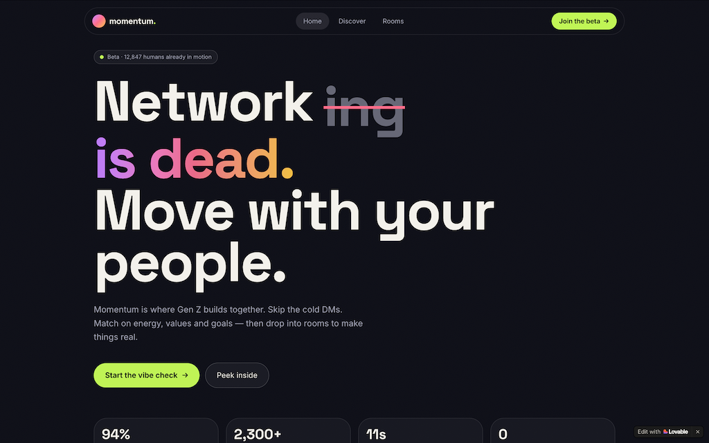 Momentum: prototipo de networking construido por mí para el laboratorio. Las cifras de la interfaz son datos de demostración.