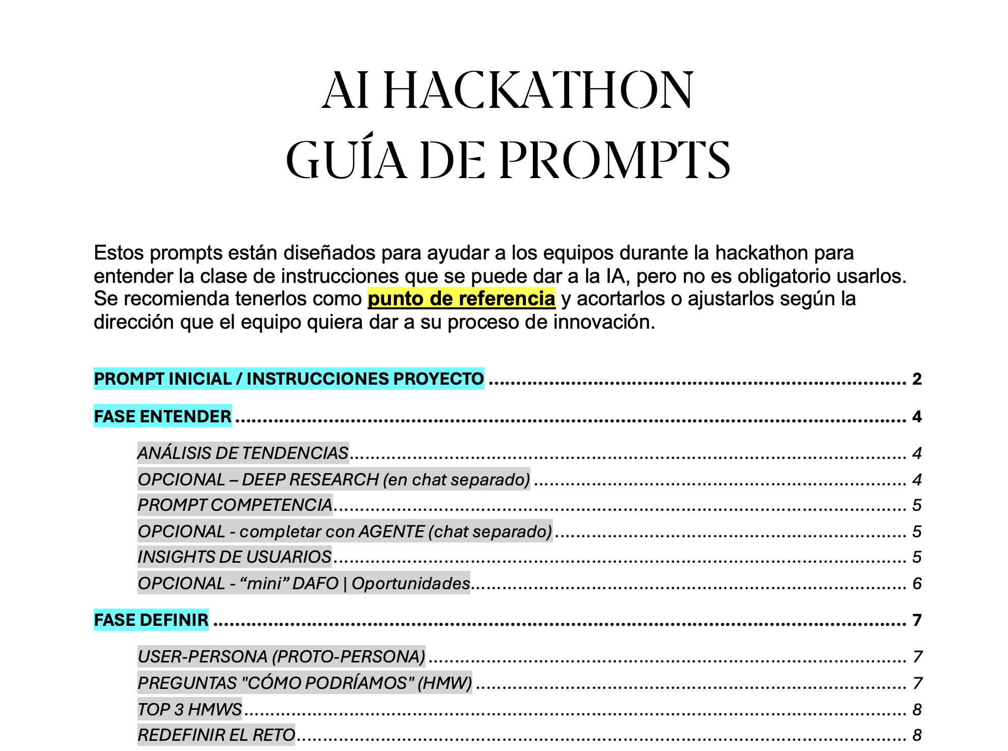 Guía de prompts que preparo para acompañar a los equipos durante el hackathon. Cada equipo adapta las instrucciones a su propuesta.