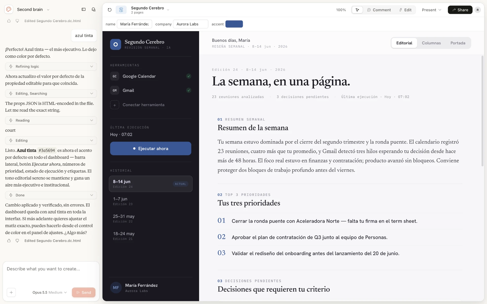 Diseño de la interfaz del briefing con Claude Design.