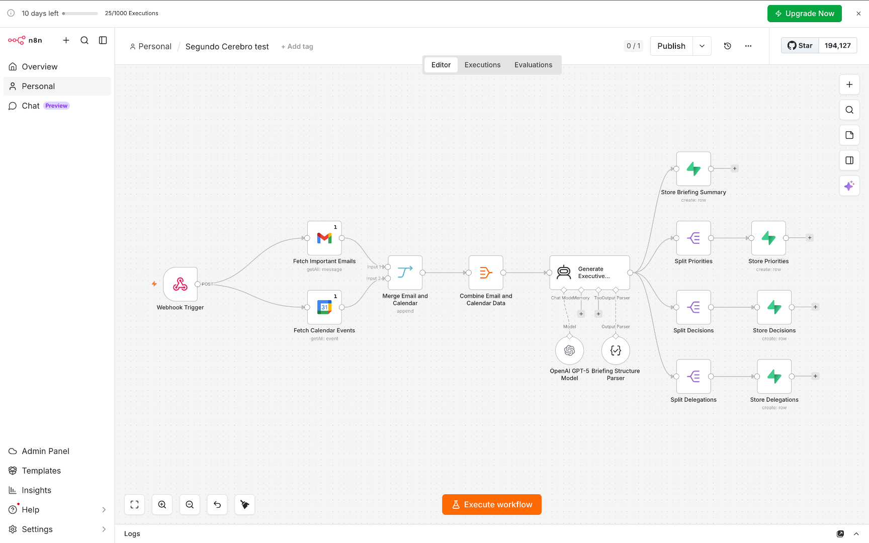 Flujo en n8n: integración de Gmail y Google Calendar, procesamiento con IA y almacenamiento de resultados.