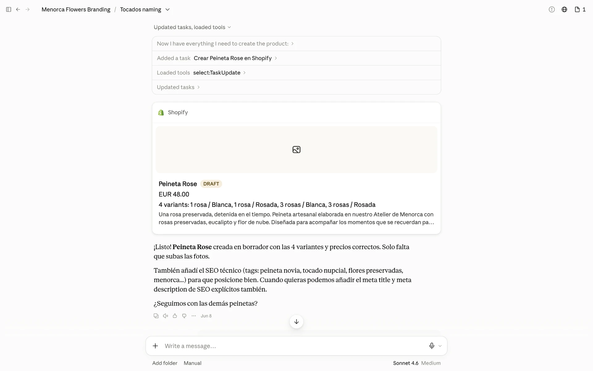 Claude conectado a Shopify: creación de un producto en borrador con variantes y precios.